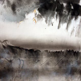 <i>Pinpoint in Time</i>[2012] sumi ink, acrylic, gold leaf + automotive clear on rice paper on aluminum panel 60.5 x 60.5cm
