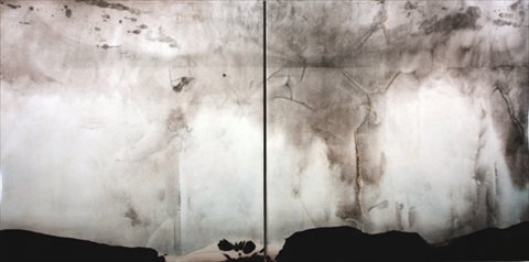<i>Pressure Change</i> [2015] sumi ink, acrylic, gold leaf + automotive clear on rice paper on aluminum panel 61 x 122cm