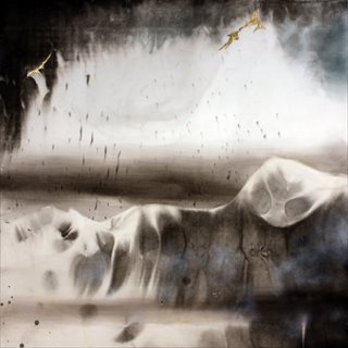 <i>More Time 1</i> [2015] sumi ink, acrylic, gold leaf + automotive clear on rice paper on aluminum panel 97 x 97cm