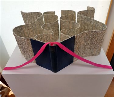 <i>The Divine Comedy Revealed</i> [2011] shredded and woven book pages + ribbon, size variable
