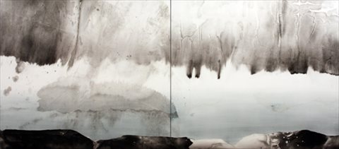 <I>Taking Over</i> [2013] Sumi ink, acrylic, automotive clear + gold-leaf, on rice paper, on aluminum panel 200 x 90cm [diptych]