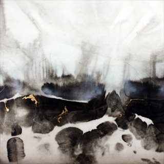 <I>Just Over</i> [2013] Sumi ink, acrylic, automotive clear + gold-leaf, powered pigment on rice paper,  on aluminum panel 60 x 60cm  SOLD
