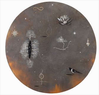 GABRIELLE COURTENAY <I>Magpie Dreaming</i> [2013] acrylic + vinyl on canvas 77cm [diam]