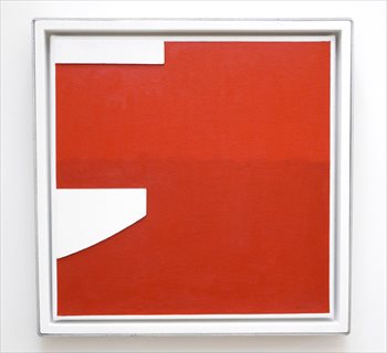 SIMON LLOYD <i>Relief Painting in Red and White no.2</i>  [2014] ply on canvas with timber + galvenised steel frame 45 x 45 cm