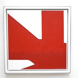 SIMON LLOYD <i>Relief Painting in Red and White no.3</i>  [2014] ply on canvas with timber + galvenised steel frame 45 x 45 cm
