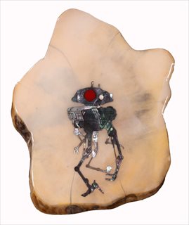TED LINCOLN <i> Probe Droid</i> [2014] mother of pearl shell, epoxy resin, automotive clear on cypress wood